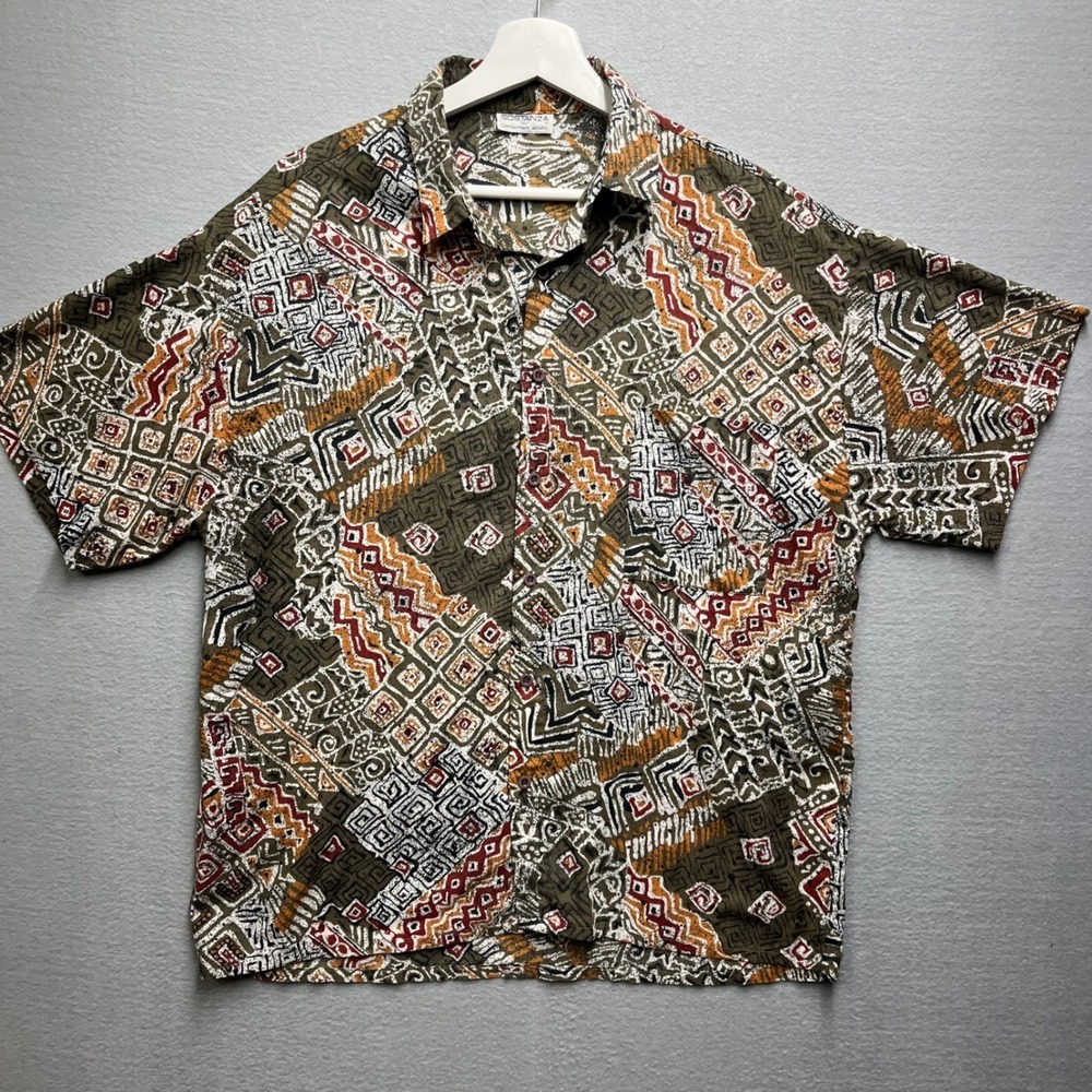 Vintage Sostanza Mens Large Short Sleeve Geometric Tribal Print Button Up Shirt